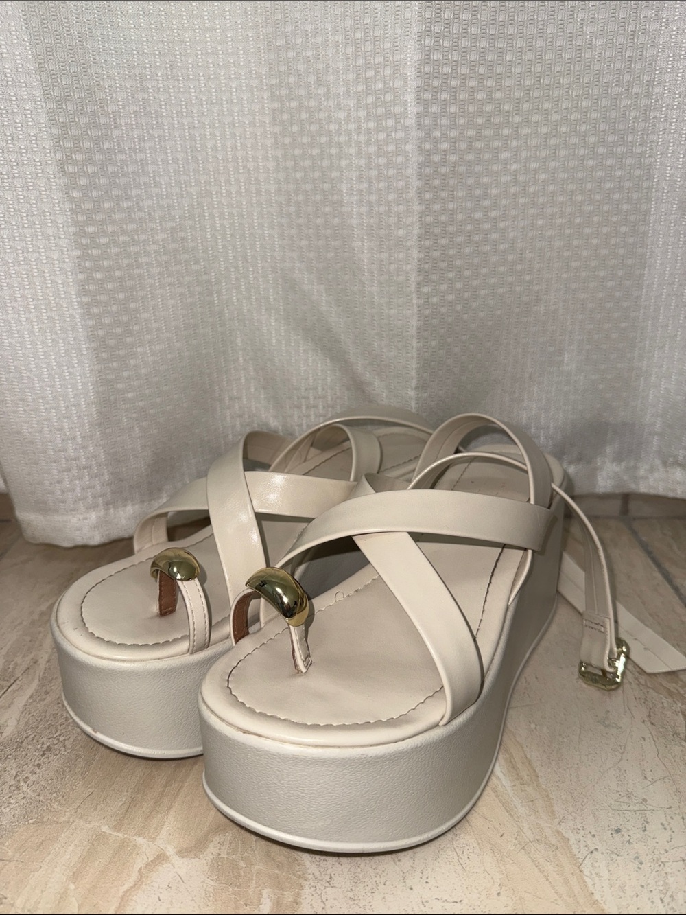 Bakers Ivory Platform Cross-Strap Sandals with Gold Accent